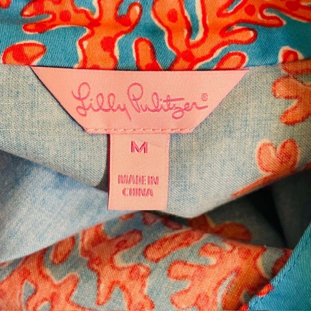 Lilly Pulitzer 100% Cotton Top Blouse Resortwear Turquoise Coral Siesta Medium - Picture 8 of 9